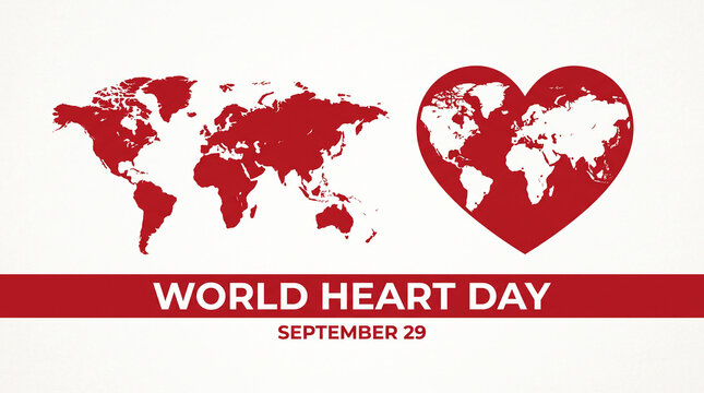 Red world map and heart-shaped globe for global cardiovascular awareness.