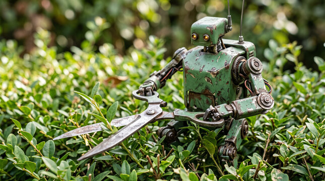 Rusty vintage robot using garden shears to trim green bushes.