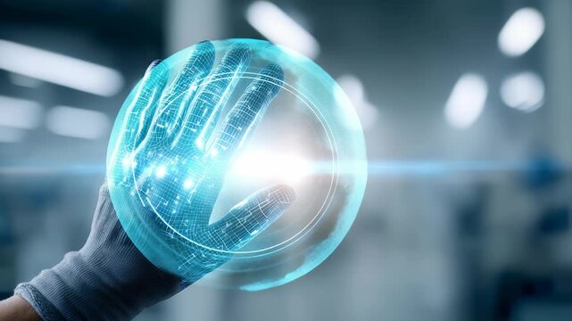 High tech robotic hand featuring glowing digital patterns reaches toward transparent virtual interface in blurred laboratory setting. Symbolizes artificial intelligence, future innovation