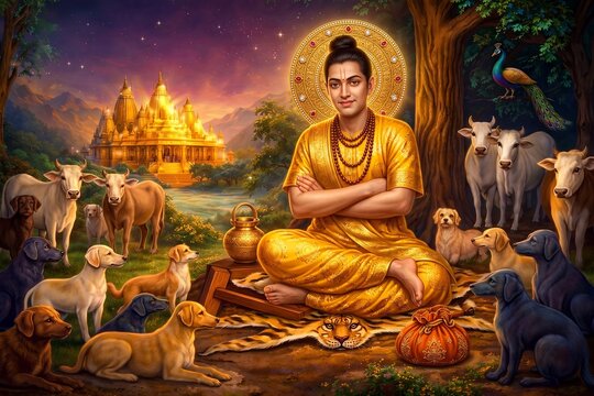 Divine Lord Dattatreya sitting in meditation with sacred cow and dogs, Hindu mythology