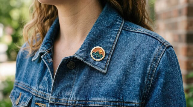 Enamel mountain pin on denim jacket