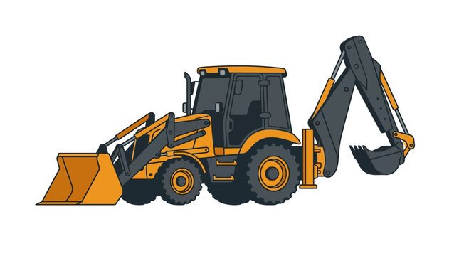Vector illustration of a yellow backhoe loader construction tractor isolated on white background.