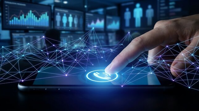 Futuristic Digital Network Connection with Finger Touch on Screen.