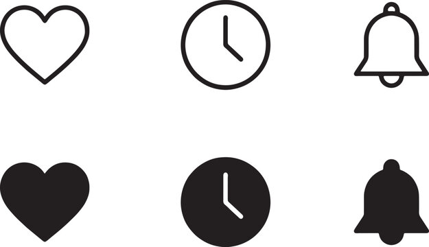 Like heart clock and notification bell icons set with favorite, notification
