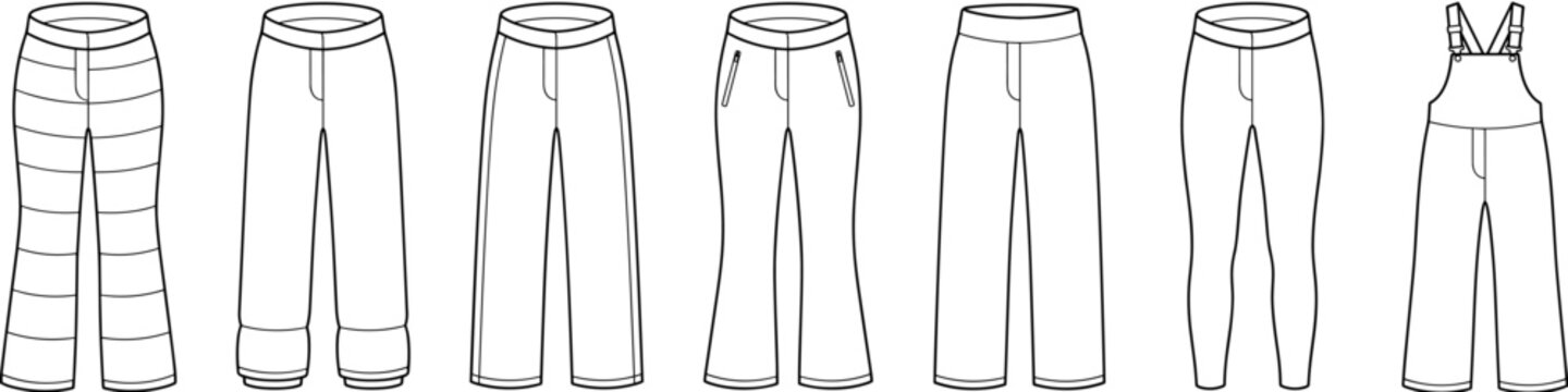 flat sketch set of womens winter quilted resort ski pants vector illustration