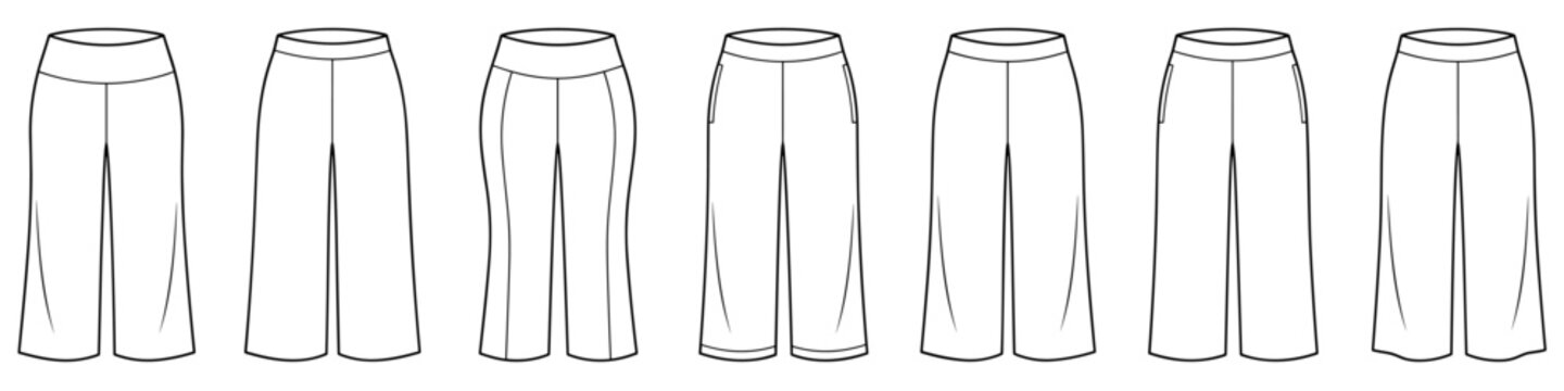 flat sketch set of womens plus-size comfort wide leg pants vector illustration
