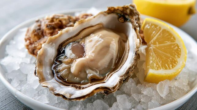 Fresh oyster served on the half shell with sliced lemons, highlighting gourmet seafood, fine dining, coastal cuisine, healthy nutrition, and elegant culinary presentation.