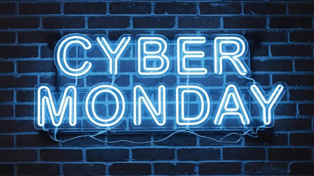 Glowing Cyber Monday neon sign on dark brick wall