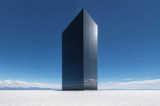 Minimalist black glass corporate headquarters in surreal landscape
