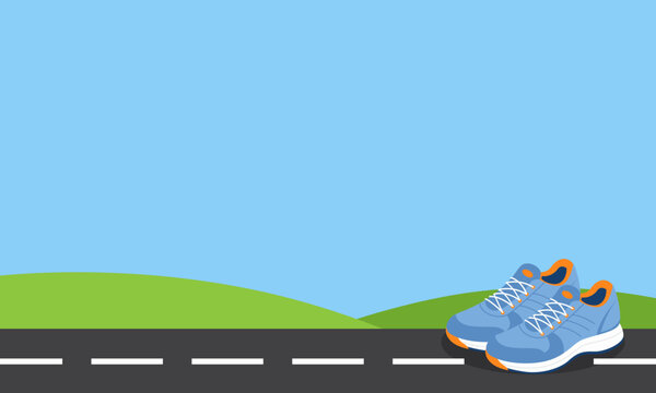 Running Shoes on Road Background with Copy Space for Fitness Marathon and Outdoor Exercise Flat Vector