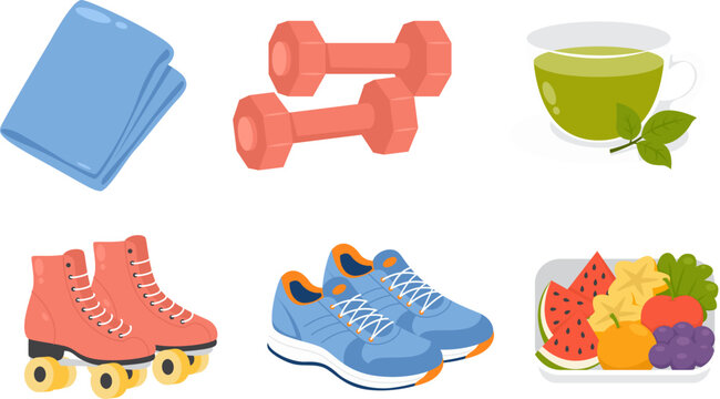 Healthy Lifestyle Fitness Icon Set with Yoga Mat Dumbbells Tea Running Shoes Roller Skates and Fruit Box