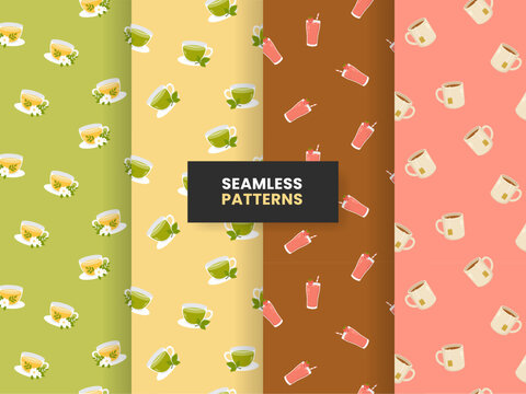 Beverage Seamless Pattern Set with Herbal Tea Matcha Strawberry Smoothie and Tea Cup Backgrounds