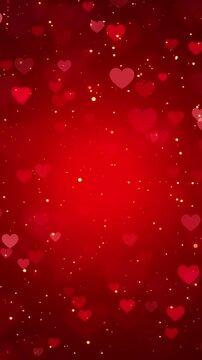 valentines day hearts and golden glitter stars on red 4k animation, love and passion 14 February and anniversary vertical social media blank motion background
