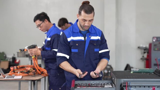 Technician maintenance repair workshop tool equipment uniform teamwork man factory mechanic inspecting socket set cable harness with wrench, focused industrial machine service