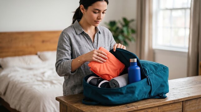 Woman Arranging Clothes in Travel Backpack