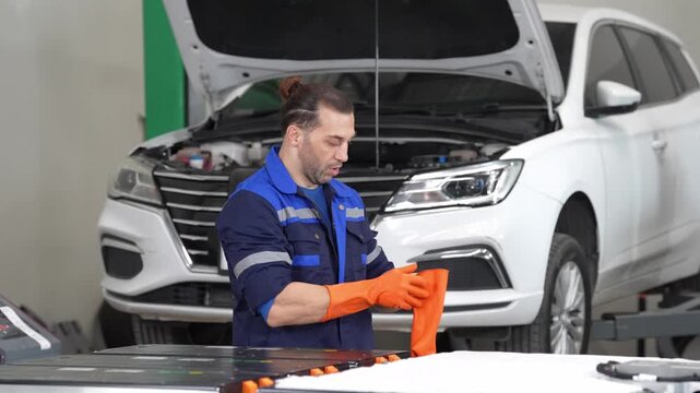 Mechanic car repair workshop battery glove maintenance service safety technician, garage scene with open hood, technician pulling orange protective glove inspecting power pack for vehicle service