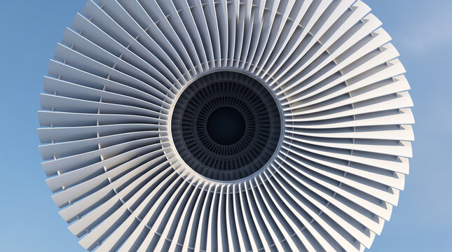 Closeup view of a modern jet engine turbine fan blades against a clear blue sky