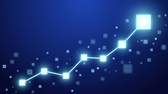 Abstract digital graph showing upward growth with glowing squares on a blue background
