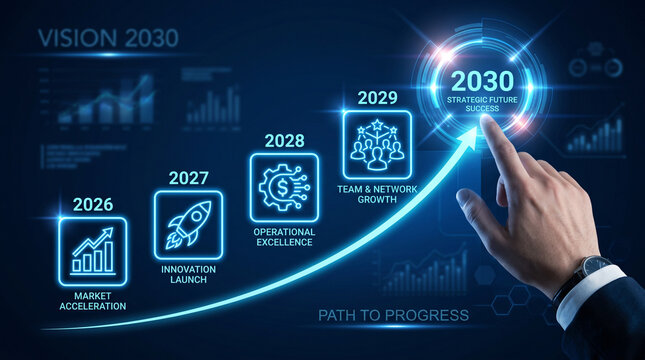 Business strategy concept with a hand touching a glowing 2030 button on a digital screen, representing the path to progress and future success