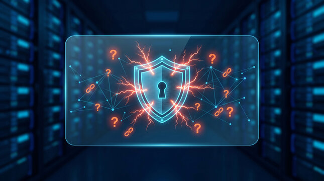 Cybersecurity concept with a glowing shield icon, digital network connections, and question marks in a server room data center