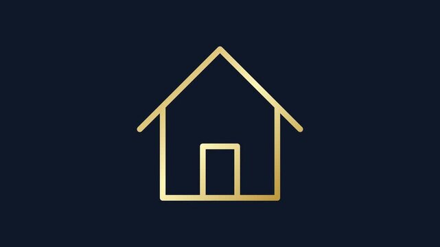Golden house icon animation on dark blue background, elegant real estate logo motion graphic, luxury home outline symbol for property branding