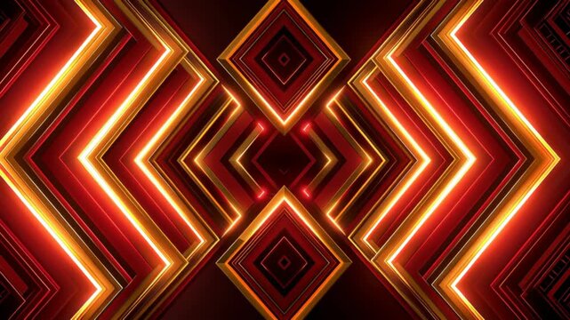 Abstract futuristic red and gold geometric background with glowing neon diamond shapes, luxury technology style, symmetrical composition, and modern digital design.