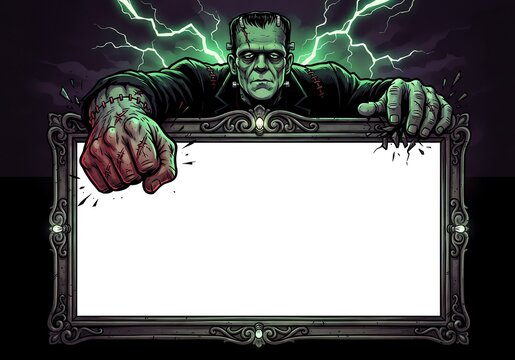 Blank white frame mockup with towering Frankenstein's monster, glowing green lightning and bold comic styling, premium Halloween horror advertising design