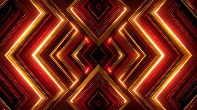 Abstract futuristic red and gold geometric background with glowing neon diamond shapes, luxury technology style, symmetrical composition, and modern digital design.