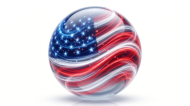 Abstract american flag design inside a glossy glass sphere isolated on white background