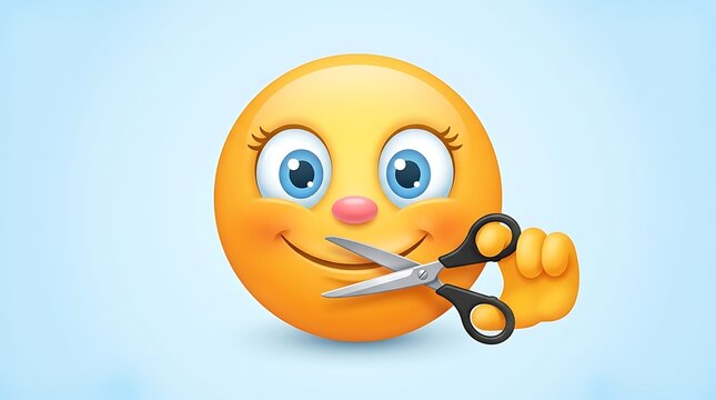 Cute Smiley Face Cartoon Cutting Paper With Scissors On Light Blue Background For Craft Project
