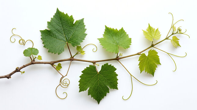 Fresh green grape vine branch with leaves and tendrils isolated on white background
