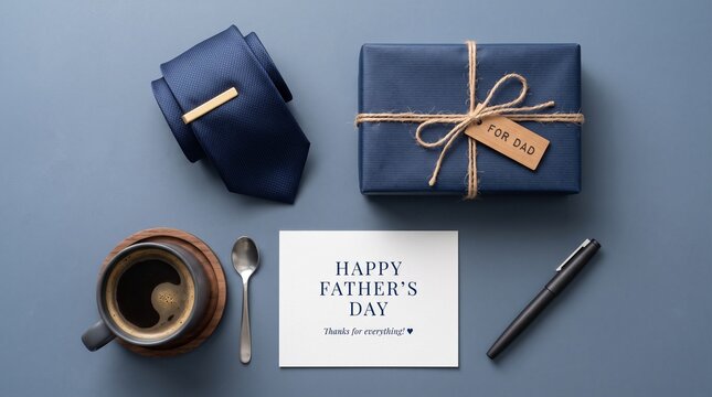 Father's Day flat lay with navy blue silk tie and gift box, Happy Father's Day greeting card with coffee and pen, elegant masculine holiday celebration