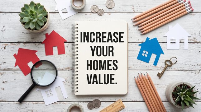 Increase Your Homes Value text on notebook, real estate investment and home improvement concept, flat lay with house paper cutouts and office supplies