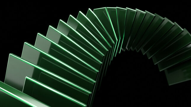 Abstract 3d render of a curved row of glossy dark green rectangular panels arranged in a rhythmic spiral pattern against a black background