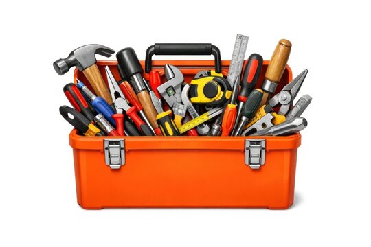 Orange toolbox filled with various hand tools.