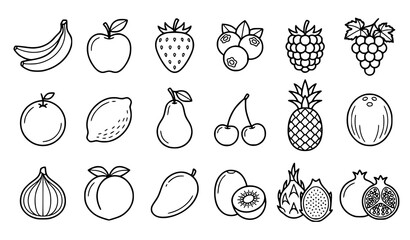 Minimalist fruit outline collection with bananas apples berries and tropical fruits CAD flat vector set © Md