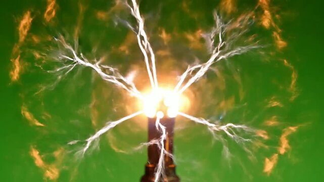 Plasma ball electric arc discharge science experiment isolated on green screen background electricity