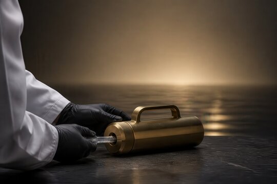 Laboratory sample extraction from brass canister with gloved hands
