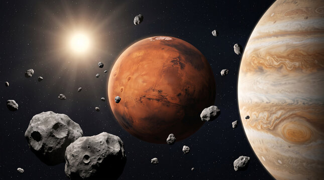 Mars and jupiter planets in space with asteroid belt, sun in background, solar system cosmic view, 3d render, science fiction illustration