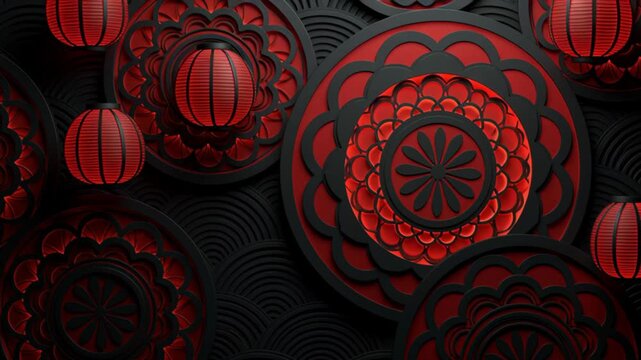 Intricate red paper cut floral pattern with traditional lanterns, creating an elegant festive background inspired by Asian cultural celebrations, decorative craftsmanship, and holiday design.