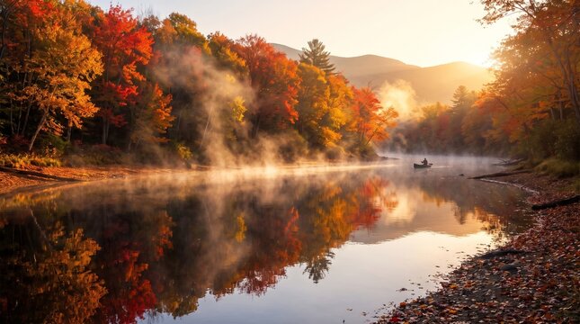 Serene river reflecting autumn forest colors with mist at sunrise - Concept of Autumn - Fall Aesthetics  
