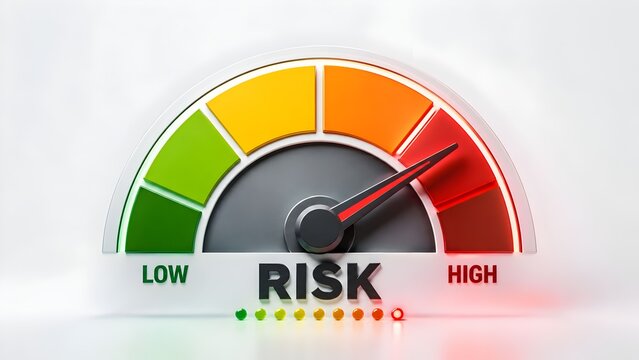 High risk measurement gauge concept with 3D dial needle pointing to maximum red danger level on white background