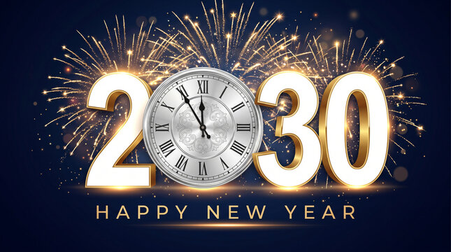 Happy new year 2030 greeting card with a clock and golden fireworks on a dark blue background