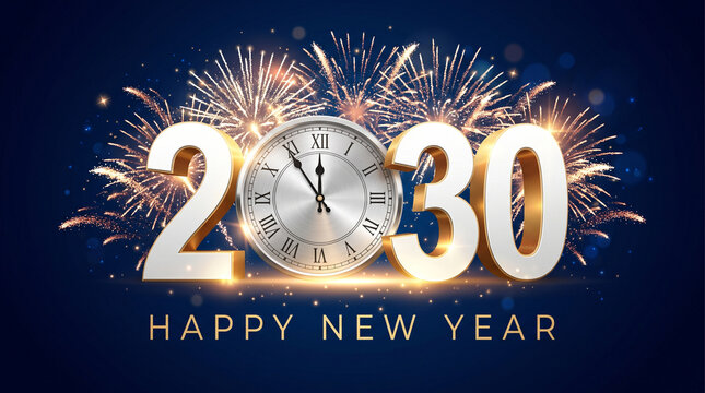 2030 happy new year celebration background with golden clock and fireworks on dark blue background