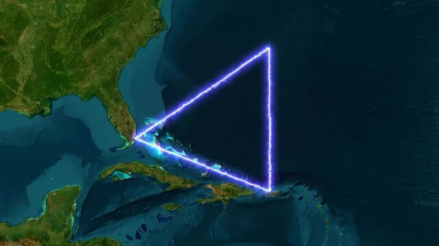 Zooming satellite map revealing a glowing neon outline of the Bermuda Triangle