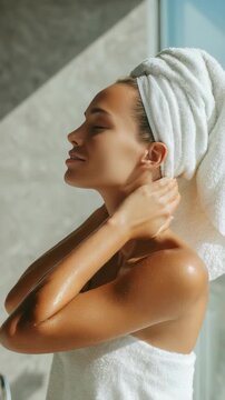 Young woman enjoying a relaxing morning routine, wrapped in a soft white towel with a towel on her head, basking in natural sunlight. Wellness, self care, and beauty concepts are highlighted