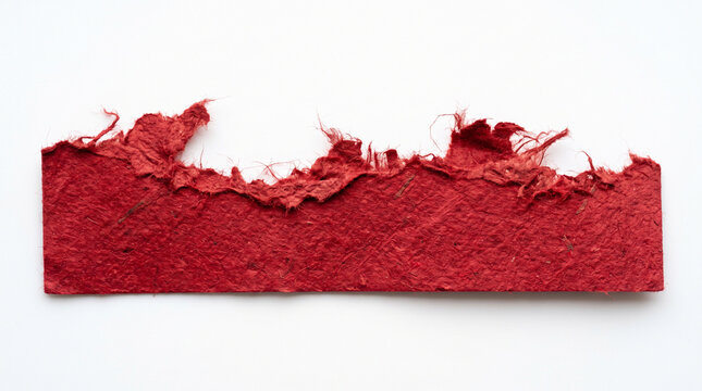 A strip of handmade red paper with a torn, deckled edge isolated on white background