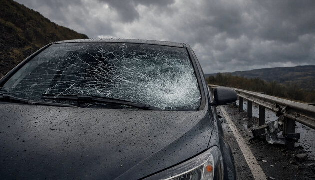 Damaged car with shattered windshield near rainsoaked roadside in gloomy weather