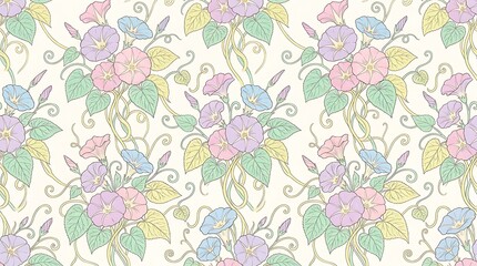 Fototapeta premium SeamlessFloral Morning Glory Pattern With Soft Pastel Colors And Curved Vines For Fabric Or Wallpaper Design