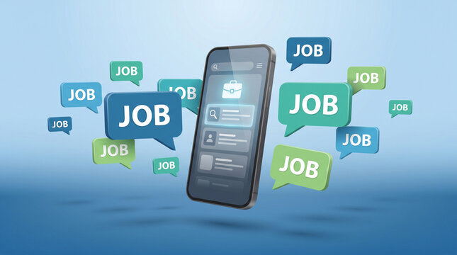 3d illustration of a smartphone surrounded by floating job notification speech bubbles, concept of online job search and recruitment
